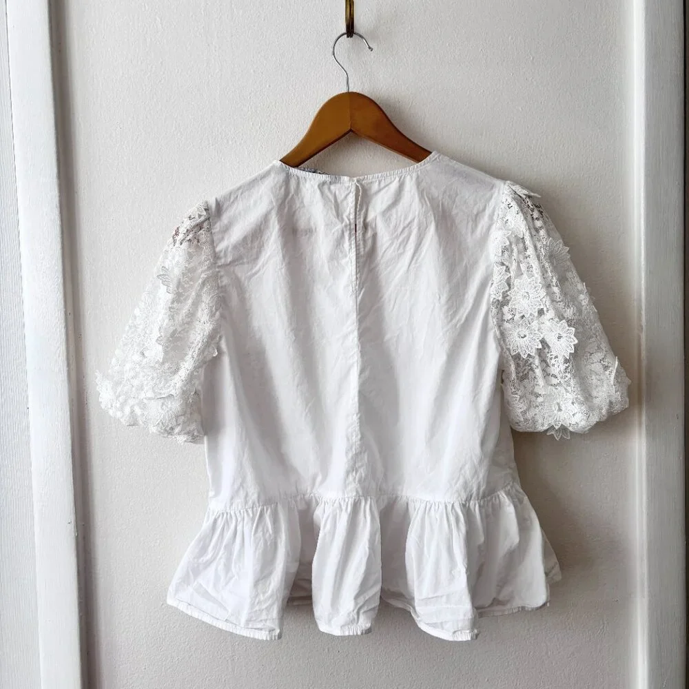 Zara White Embroidered Lace Sleeve Peplum Top